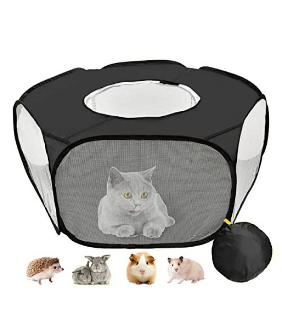 JIMEJV Guinea Pig Playpen, Waterproof Small Animals Playpen with Anti Escape Cover Portable Cat Playpen Breathable Indoor/Outdoor Yard Exercise Cage Tent for Hamster Puppy Chinchillas Rabbits(Black)