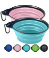 Gorilla Grip Collapsible Dog Bowl, Silicone Set of 2 Travel Bowls with Carabiner, Foldable and Portable Accessories for Cat and Dogs, Small Pet Hiking Supplies, Food and Water, 4 Cup, Pink/Turquoise