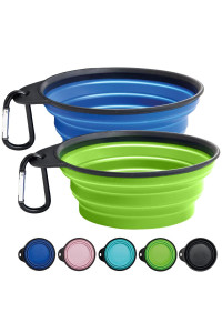 Gorilla Grip Collapsible Dog Bowl, Silicone Set of 2 Travel Bowls with Carabiner, Foldable and Portable Accessories for Cat and Dogs, Small Pet Hiking Supplies, Food and Water, 4 Cup, Royal Blue/Green
