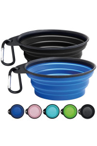 Gorilla Grip Collapsible Dog Bowl, Silicone Set of 2 Travel Bowls with Carabiner, Foldable and Portable Accessories for Cat and Dogs, Small Pet Hiking Supplies, Food and Water, 4 Cup, Black/Royal Blue