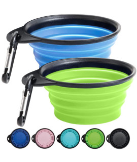Gorilla Grip Collapsible Dog Bowl, Silicone Set of 2 Travel Bowls with Carabiner, Foldable and Portable Accessories for Cat and Dogs, Small Pet Hiking Supplies, Food and Water, 2 Cup, Black/Turquoise