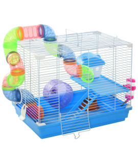 PawHut 2-Level Hamster Cage Rodent Gerbil House Mouse Mice Rat Habitat Metal Wire with Exercise Wheel, Play Tubes, Water Bottle, Food Dishes, & Interior Ladder