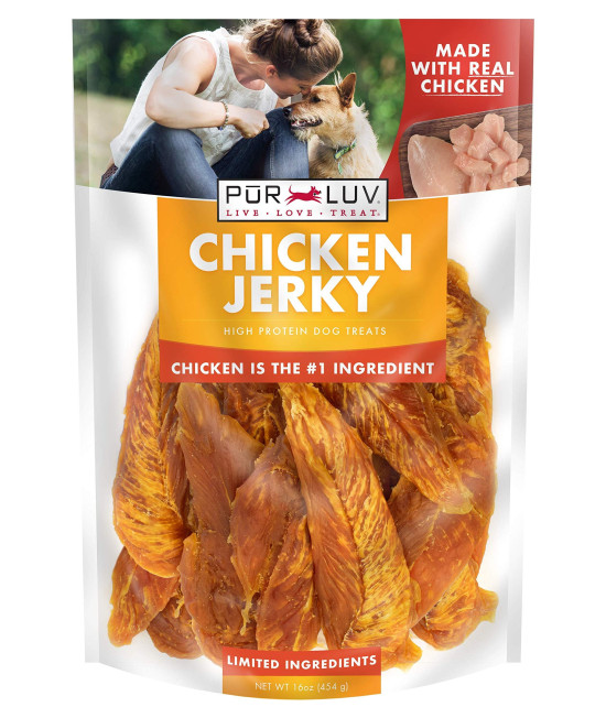 Pur Luv Chicken Jerky Dog Treats, Rawhide-Free, Made with Real Breast, Healthy, Long-Lasting and Great Tasting Treat, No Artificial Flavors, Satisfies Dog's Urge to Chew, 16 oz