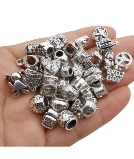 55pcs Assorted Alloy European Large Hole Beads Metal Spacer charms Bead Assortments for DIY crafts Bracelets Necklaces Jewelry Making (M190)