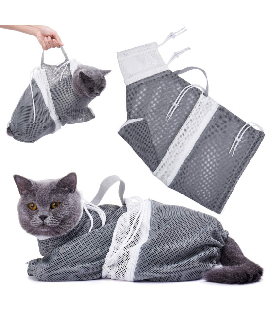 Cat Bathing Bag Cat Cleaning Shower Bag- Adjustable Anti-Bite and Anti-Scratch Polyester Soft Restraint Cat Grooming Bag for Bathing, Nail Trimming, Injection, Medicine Taking (Gray)