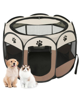 Woucnd Dog playpen, Foldable Puppy Playpen, Pet Playpen Carrier Pop Up Tent 8-Panel Mesh Cover Adorable Design 600D Soft Oxford Playpen Kennel for Indoor-Outdoor Dog Cat Rabbit. (S 28 28 18, Brown)