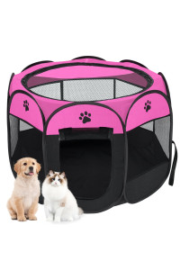 Dog playpen, Foldable Puppy Playpen, Pet Playpen Carrier Pop Up Tent 8-Panel Mesh Cover Adorable Design 600D Soft Oxford Playpen Kennel for Indoor-Outdoor Dog Cat Rabbit. (M 35 35 24, Rose)