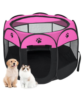 Dog playpen, Foldable Puppy Playpen, Pet Playpen Carrier Pop Up Tent 8-Panel Mesh Cover Adorable Design 600D Soft Oxford Playpen Kennel for Indoor-Outdoor Dog Cat Rabbit. (M 35 35 24, Rose)