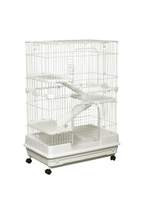 PawHut 43 H Small Animal Cage, 4-Level Bunny Cage with Rolling Stand, Chinchilla Cage with Doors, Slide-Out Tray, White
