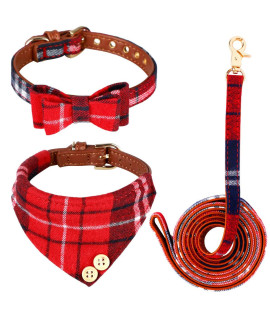 3 Pcs Bow Tie Dog Collar and Leash Set, Adjustable Plaid Dog Bow Tie Collar Set, Puppy Bandana Collar with Bell for Puppies,Small/Medium Dogs and Cats