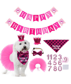STMK Dog Birthday Outfit Girl, Dog Birthday Bandana Girl Tutu Skirt Birthday Number Crown Hat Bowtie Happy Birthday Banner for Pet Puppy Dog Birthday Party Supplies (Rose)