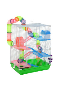 PawHut Cage for Hamster Chalet for 5 Plants Hamster with Ladder Feeder Wheel and Tunnel Accessories Included 46 x 30 x 58 cm Green and White