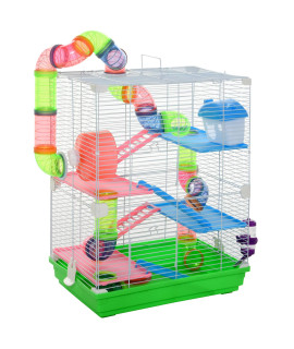 PawHut Cage for Hamster Chalet for 5 Plants Hamster with Ladder Feeder Wheel and Tunnel Accessories Included 46 x 30 x 58 cm Green and White