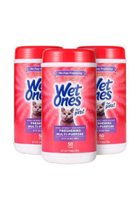 Wet Ones for Pets Freshening Multipurpose Wipes for Cats with Aloe Vera, 50 Count- 3 Pack Easy to Use Cat Cleaning Wipes, Freshening Cat Grooming Wipes for Pet Grooming in Fresh Scent (FF12853PCS3)