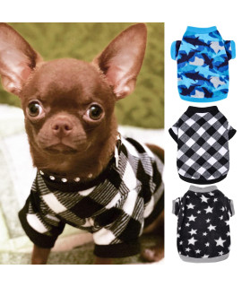 3 Pack Chihuahua Sweater Fleece Dog Sweater Warm Dog Winter Clothes for Small Dogs Boy Pet Pullover Jumper Apparel Camo Star Plaid Dog Sweater Blue Black White,Medium