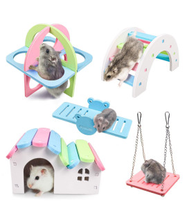 Dwarf Hamsters House DIY Wooden Gerbil Hideout Rainbow Bridge Swing and PVC Seesaw, Pet Sport Exercise Toys Set, Sugar Glider Syrian Hamster Cage Accessories, Suitable for Small Animal Habitat