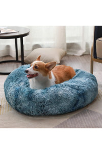 Round Dog Cat Bed Donut Cuddler, Faux Fur Plush Pet Cushion for Large Medium Small Dogs, Self-Warming and Cozy for Improved Sleep Gradient Blue, Medium(23x23)