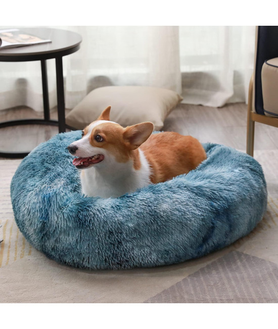 Round Dog Cat Bed Donut Cuddler, Faux Fur Plush Pet Cushion for Large Medium Small Dogs, Self-Warming and Cozy for Improved Sleep Gradient Blue, Medium(23x23)