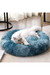Round Dog Cat Bed Donut Cuddler, Faux Fur Plush Pet Cushion for Large Medium Small Dogs, Self-Warming and Cozy for Improved Sleep Gradient Blue, Small (20 x20)