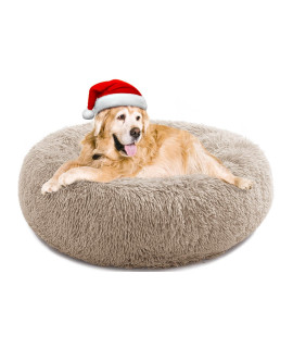Calming Dog Bed for Large Dogs, Anti Anxiety Dog Bed, Round Dog Bed, Plush Faux Fur Dog Bed, Fluffy Dog Bed, Soft Cozy Pet Bed, Machine Washable, 30x30inch Khaki
