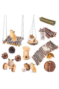 14 Pack Guinea Pig Chew Toys for Teeth, Natural Wood Dumbbells Exercise Bell Roller Swing BridgeMolar Toys for Rabbit Bunny Chinchilla Guinea Pig Gerbils Groundhog Squirrels