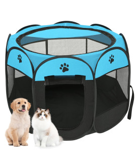 Dog playpen, Foldable Puppy Playpen, Pet Playpen Carrier Pop Up Tent 8-Panel Mesh Cover Adorable Design 600D Soft Oxford Playpen Kennel for Indoor-Outdoor Dog Cat Rabbit. (M 35 * 35 * 24, Blue)