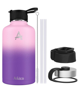 Aikico Stainless Steel Water Bottle with Straw Lid, 64oz Vacuum Insulated Sports Water Bottle, Wide Mouth Thermos Mug with Wide Handle Straw Lid and cleaning Brush, Love-hate