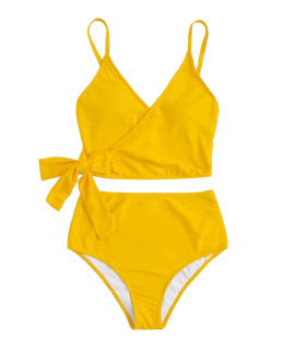 SweatyRocks Womens Two Pieces Swimsuit Tie Side Top Swimwear High Waisted Bikini Set Yellow XL