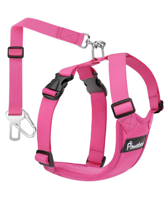 Pawaboo Dog Safety Vest Harness, Pet Car Harness Vehicle Seat Belt with Adjustable Strap and Buckle Clip, Easy Control for Driving Traveling Safety for Small Medium Dogs Cats, Medium, Rose RED