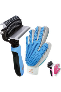 Dog Brush and Cat Brush-with Deshedding Brush, Dog Dematting Tools and 2 Side Shedding Brush Glove, Reduce Shedding Up To 95%, Work Great for Short to Long Hair, and Large Breeds by Ozark Pet (Blue L)