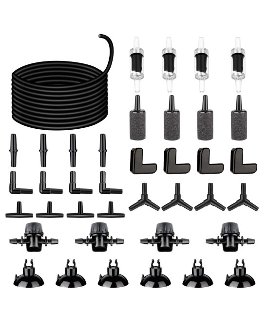 AquariumBasics 26.6 Feet Black Aquarium Soft Airline Tubing Hose Standard with 4 Air Stones,4 air Value Controller,4 Check Valves, 6 Suction Cups and 16 in Total for I,L,T,Y Shape Connectors