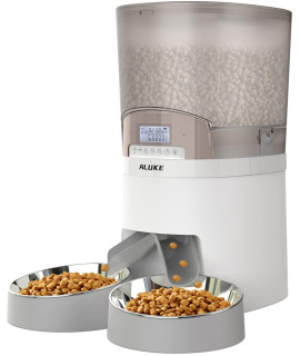 Automatic Cat Feeder for 2 Cats, ALUKE 6.5L Pet Feeder for Cats & Dogs Dry Food Dispenser with Desiccant Bag, Stainless Steel Bowls & Lock Lid, Dual Power Supply 10s Meal Call 6 Meals Per Day