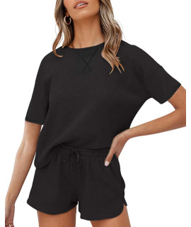 ZESIcA Womens Waffle Knit Pajama Set Short Sleeve Top and Shorts Loungewear Athletic Tracksuits with Pockets Black