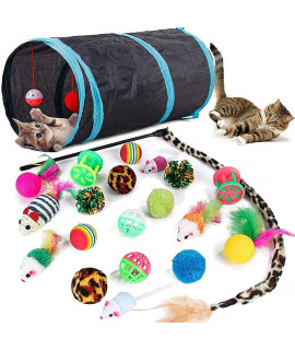 21 Pcs cat Toys for Indoor cats collapsible cat Tunnel Interactive Feather Teaser Wand Ball Toy for Kitten cats