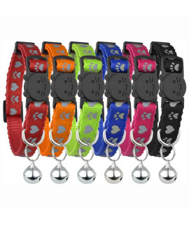 Reflective Cat Collar with Bell, Set of 6, Solid & Safe Collars for Cats, Nylon, Mixed Colors, Pet Collar, Breakaway Cat Collar, Free Replacement (Mixed)