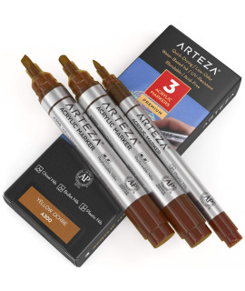 ARTEZA Acrylic Paint Markers, Pack of 3, A300 Yellow Ochre, 1 Thin and 2 Thick (chisel Bullet Nib) Acrylic Paint Pens, for Metal, canvas, Rock, ceramic Surfaces, glass, Wood, and Fabric