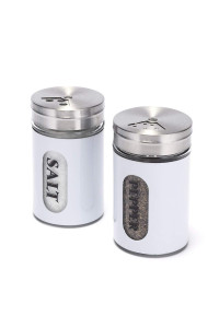 Salt and Pepper Shakers Stainless Steel and glass Set with Adjustable Pour Holes (White)