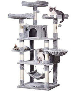 JISSBON Large Cat Tree 68 inch, Sisal Scratching Posts, 3 Cozy Preches, 2 Large Condo Cat Tower with Hammocks, Cat Activity for Kitten, Gig Cat Light Grey