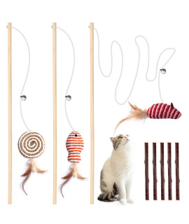 3 PCS Cat Wand Toys, 16 Inch Natural Wooden Cat Teaser Wand Toys with 5 PCS Silvervine Sticks for Cat, Interactive Cat Feather Wand Toy for Indoor Cats, Elastic String Cat Pole Toy with Bell, Feather