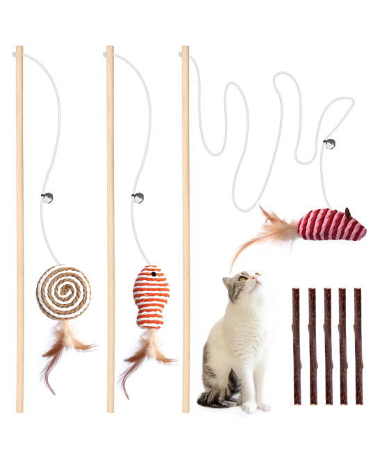 3 PCS Cat Wand Toys, 16 Inch Natural Wooden Cat Teaser Wand Toys with 5 PCS Silvervine Sticks for Cat, Interactive Cat Feather Wand Toy for Indoor Cats, Elastic String Cat Pole Toy with Bell, Feather