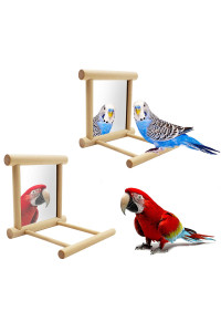 Blessed family 2 Piece Bird Parakeet Mirror for Cage,Parrot Perch Stand,Wooden Hummingbird Swing Toy,Parakeet Accessories for Cockatiels Conure Finch Lovebird Canary African Grey Macaw