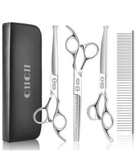 Dog grooming Scissors Kit (Safety Round Tip), cIIcII 65 Inch Professional Pet grooming Scissors Set (Dogcat Hair Thinning Trimming cutting Shears) with curved Scissors for DIY Home Salon (Silver)
