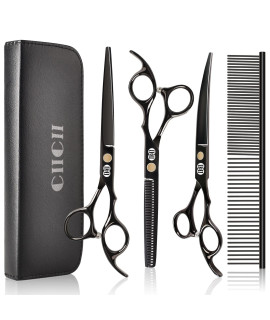 Dog grooming Scissors Kit, cIIcII 7 Inch Professional Pet grooming Scissors Set (Dogcat Hair Thinning Trimming cutting Shears) with curved Scissors for DIY Home Salon (Heavy Duty-Black-9Pcs)