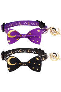2 PCS Breakaway Cat Collar with Bow Tie and Bell Golden Moon Glowing Star in The Dark for Kitten(Black&Purple)