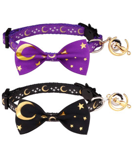 2 PCS Breakaway Cat Collar with Bow Tie and Bell Golden Moon Glowing Star in The Dark for Kitten(Black&Purple)