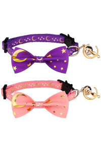 2 PCS Breakaway Cat Collar with Bow Tie and Bell Golden Moon Glowing Star in The Dark for Kitten(Purple&Pink)