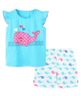 Toddler girls Summer clothes,cotton Whale Short Sleeve T-shirt and Shorts Outfit Set Blue 5t