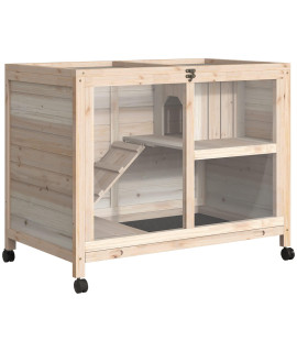 PawHut Indoor Rabbit Hutch with Wheels, Desk and Side Table Sized, Small, Wood, Waterproof, Natural