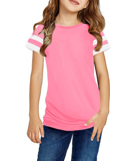 Ebifin girls casual ShortLong Sleeve T Shirts Kids Loose Soft Striped color Block Tunic Tops, Tees Blouses Size 4-15 Years A-Pink