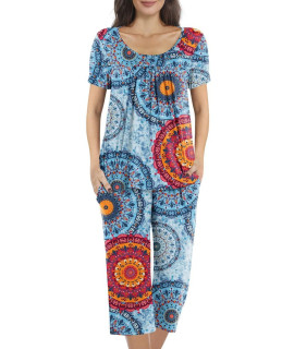 POPYOUNg Plus Size Womens Pajamas Sets, Summer Short Sleeves Tunic Top with comfy capri Pants, Lounge Sleepwear 2 piece Ladies Pjs Sets with Pockets 3XL, Fl Mixed Blue
